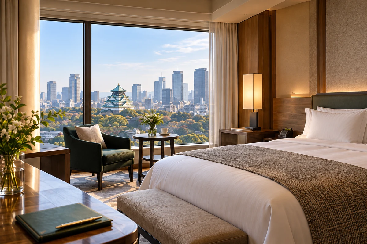 Ilustrasi kamar hotel dengan tempat tidur, kursi santai, dan pemandangan kota.
