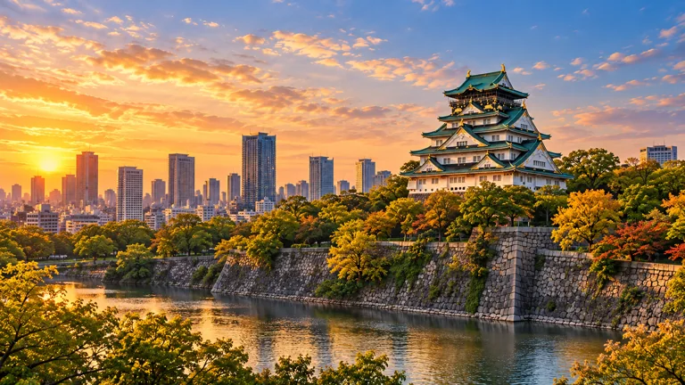 Cakrawala Osaka dan Osaka Castle saat senja.