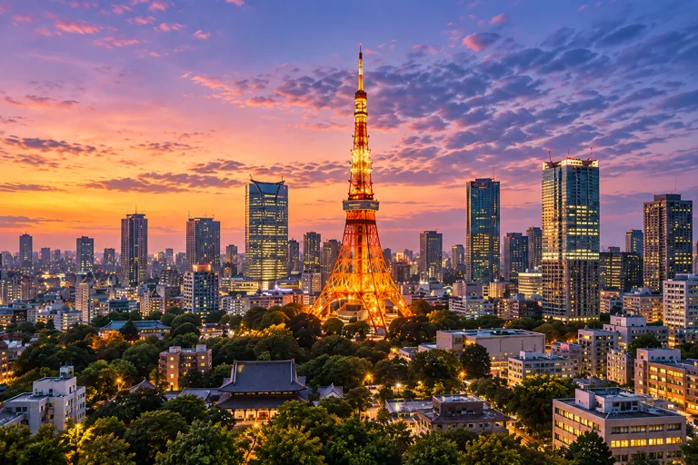 Cakrawala Tokyo dan Tokyo Tower saat senja.