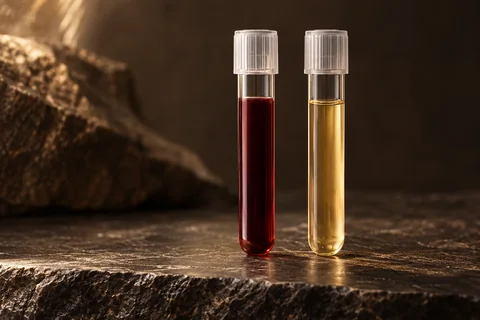 Gambar konseptual yang menggambarkan darah dan plasma yang telah dipisahkan.