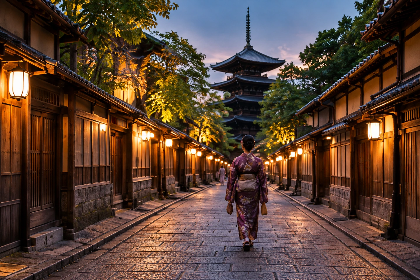 Foto ilustratif jalan kecil tradisional Kyoto saat senja