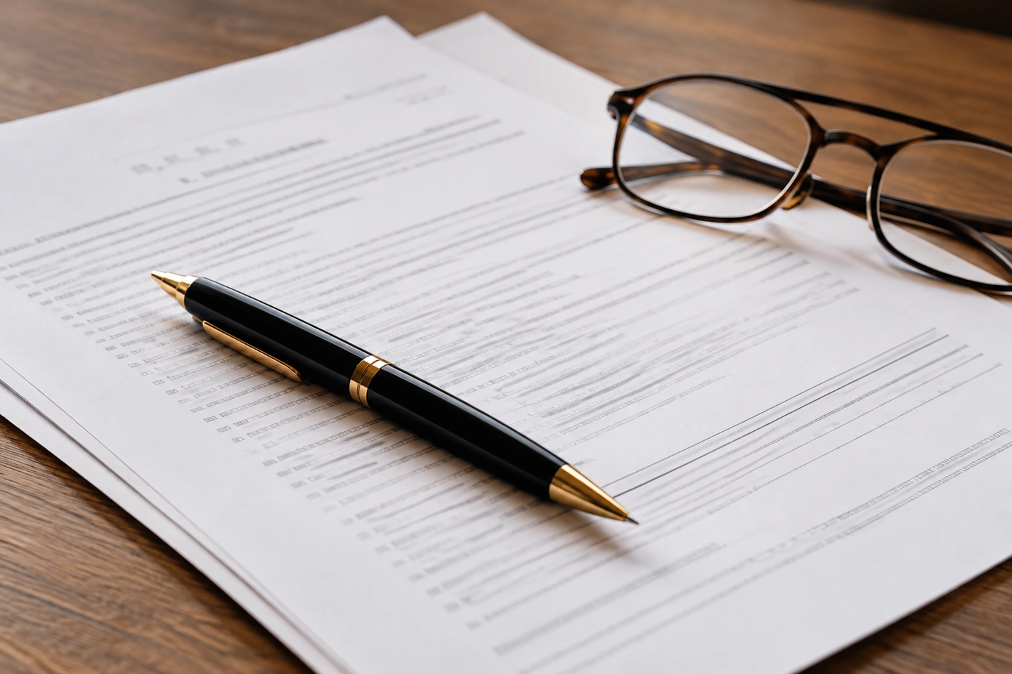 Foto ilustratif dokumen medis, pena, dan kacamata baca