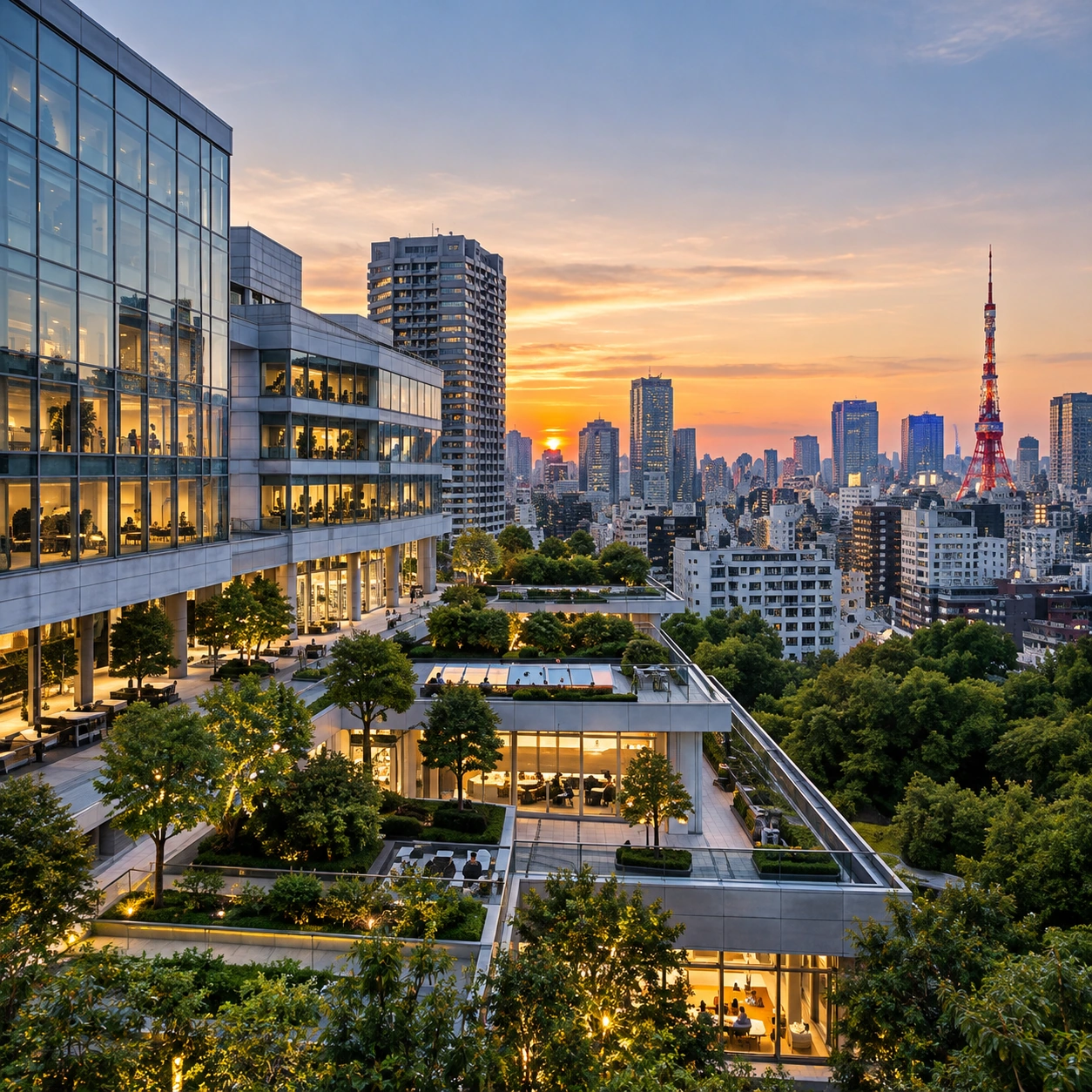 Ilustrasi arsitektur fasilitas kesehatan di samping panorama kota Tokyo saat senja