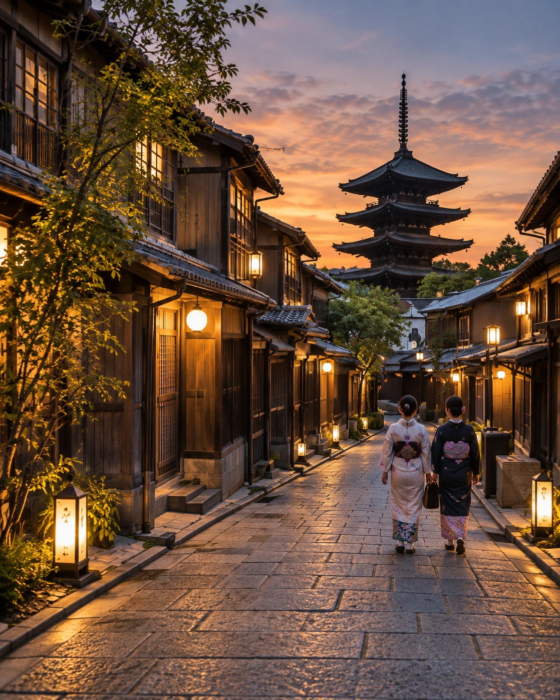 Ilustrasi jalan kecil Kyoto pada malam hari, dengan arsitektur tradisional dan dua pengunjung berkimono