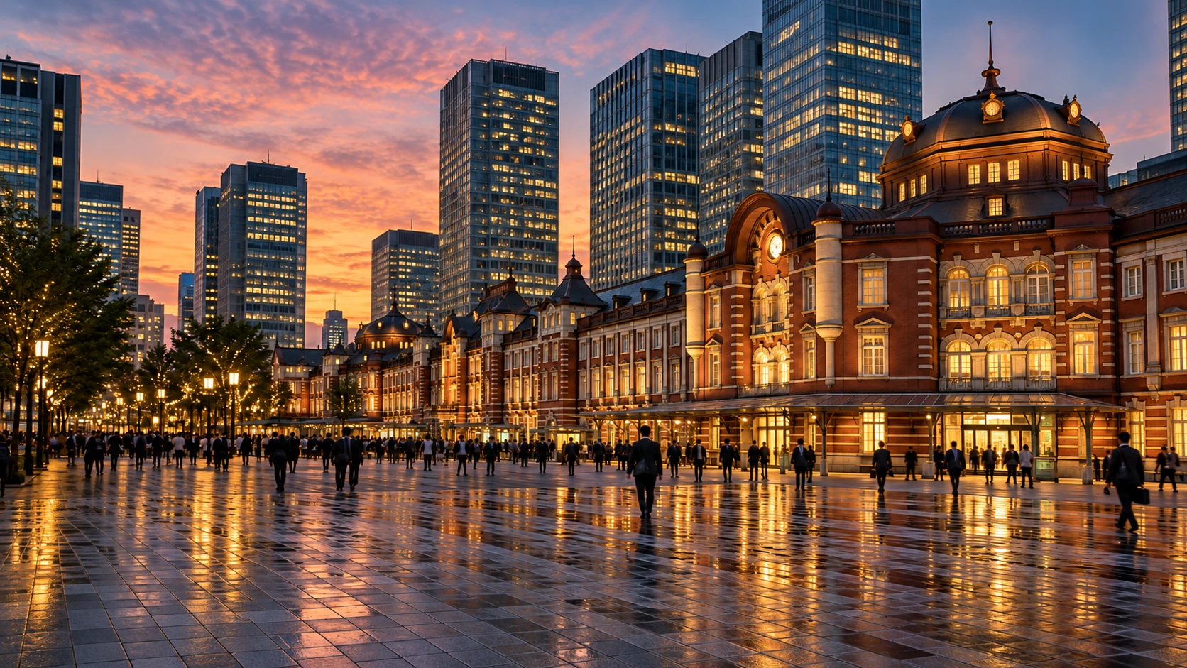 Pemandangan ilustratif Tokyo Station dan lanskap kota di sekitarnya saat senja