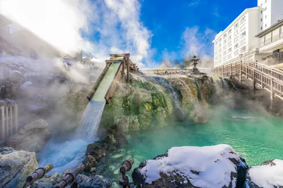 Uap mengepul dari area mata air panas Yubatake di Kusatsu, Gunma