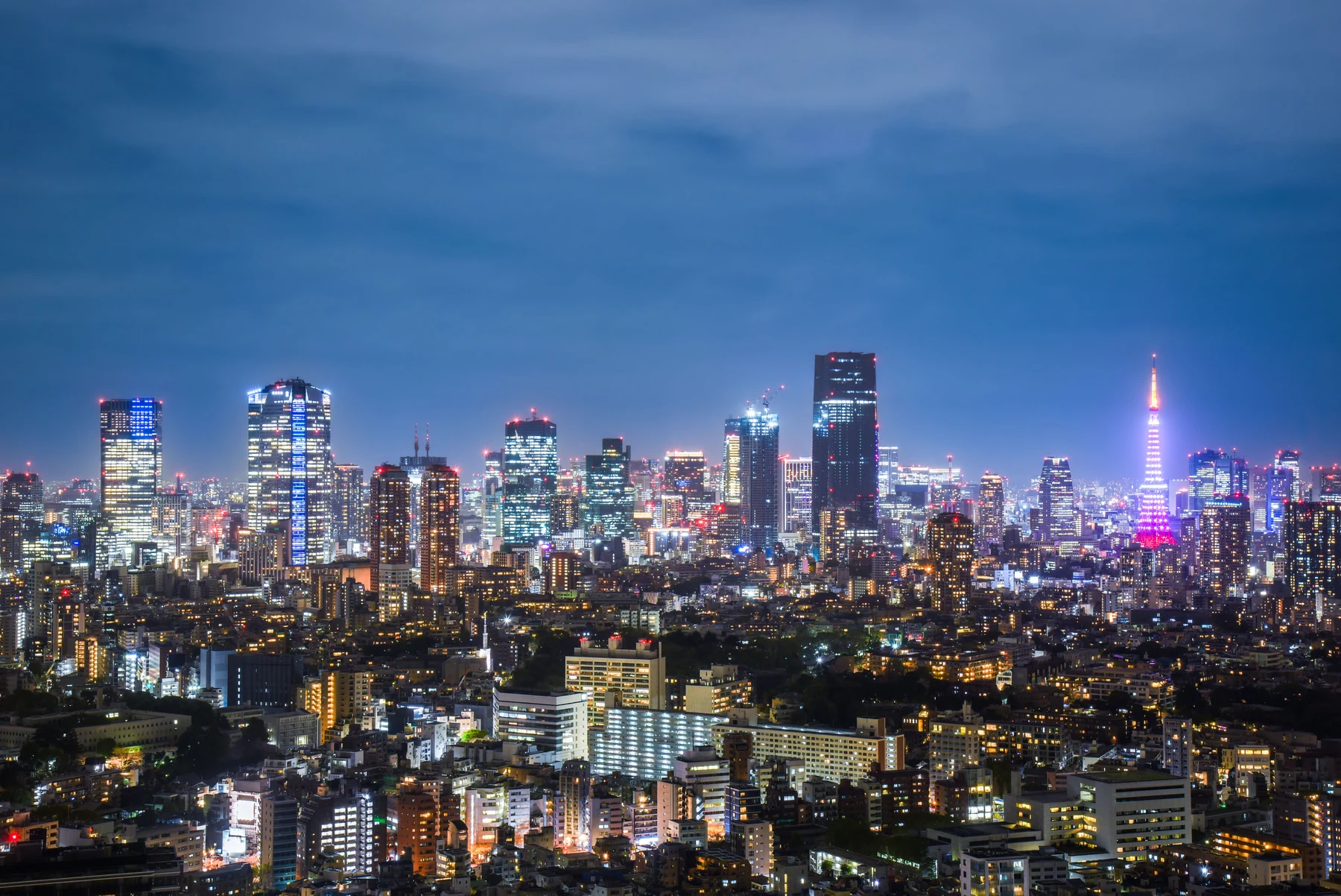 Cakrawala Tokyo pada malam hari dengan bangunan berlampu dan Tokyo Tower.