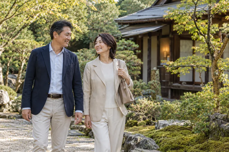 A couple enjoying a Japanese garden