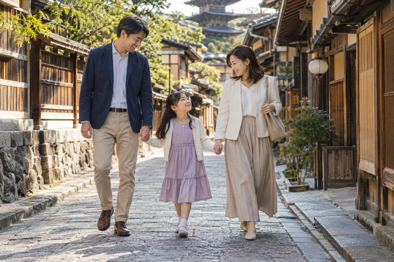 A family exploring a quiet Japanese street