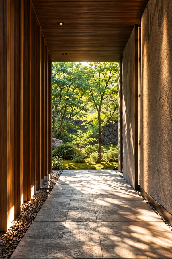 A sunlit Japanese timber passage opening onto a green garden