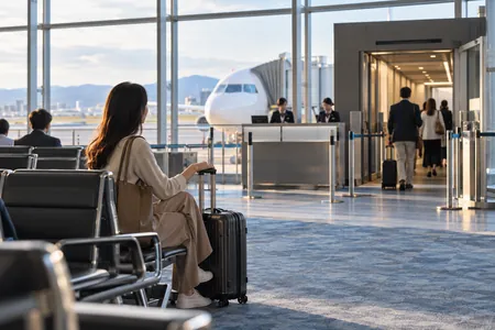 An illustrative scene waiting to depart at an airport boarding gate