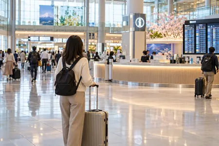 An illustrative moment checking meeting points and onward travel in an airport arrivals hall