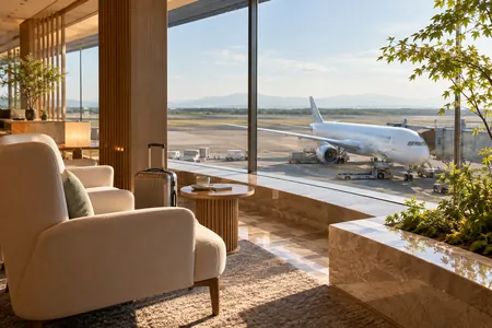 A calm airport lounge overlooking an aircraft