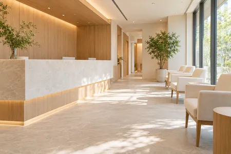 An illustrative medical reception with wood finishes and natural light