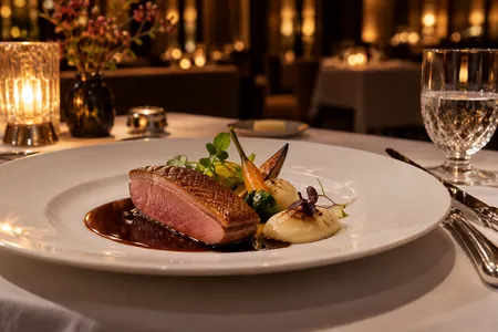 An illustrative Western dinner in a warmly lit restaurant