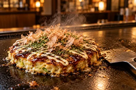 An illustrative Osaka-style okonomiyaki freshly cooked on a griddle