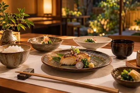 An illustrative seasonal Japanese meal at a quiet table