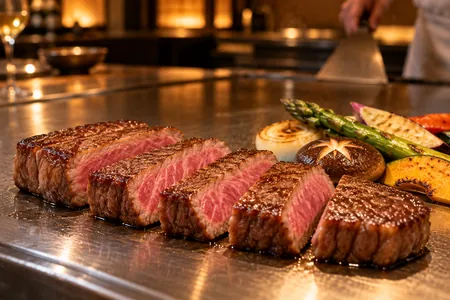 An illustrative teppanyaki dinner with freshly grilled wagyu steak
