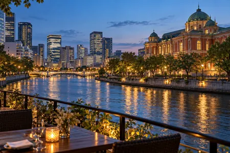 An illustrative hotel lounge with a city view