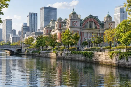 An illustrative riverside walk in Nakanoshima, Osaka