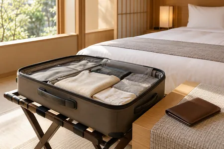 Packing travel luggage in a hotel room