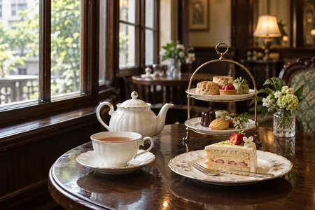 An illustrative tea and cake setting in a quiet tearoom