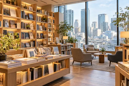 An illustrative moment browsing books with a view of Umeda
