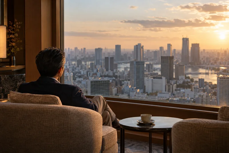 A solo traveller looking out over Tokyo