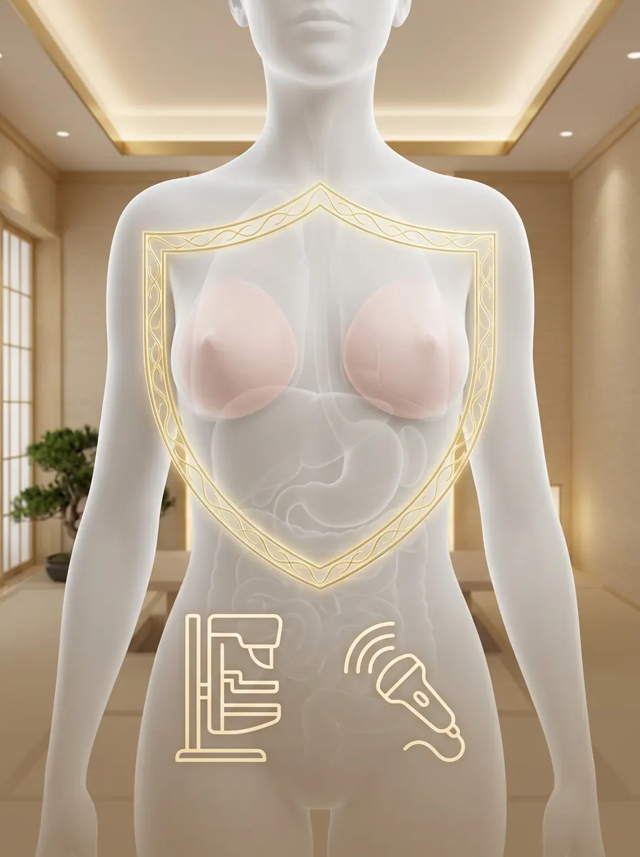 Ilustrasi torso perempuan dengan anatomi payudara serta simbol mamografi dan USG.