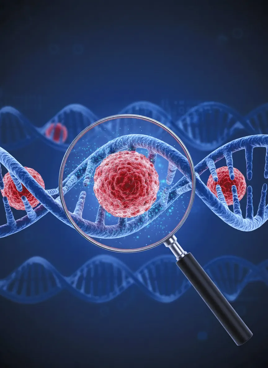Ilustrasi kaca pembesar di atas heliks DNA dan bentuk menyerupai sel berwarna merah.