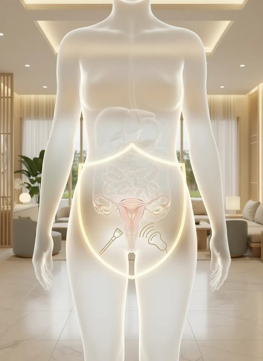 Ilustrasi torso perempuan transparan dengan rahim dan simbol pemeriksaan yang disorot.
