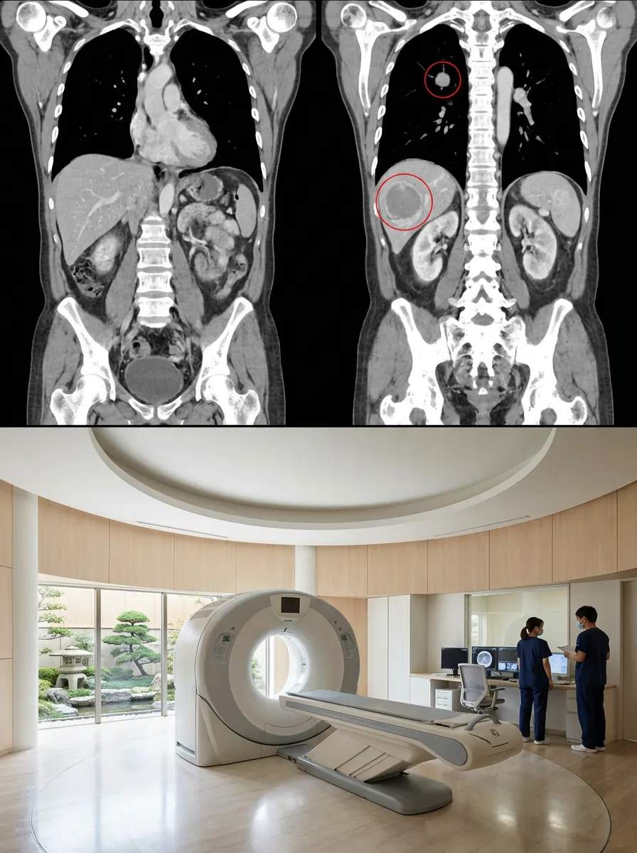 Gabungan gambar pemindaian dada dan perut di atas alat pemindai dalam ruangan terang.