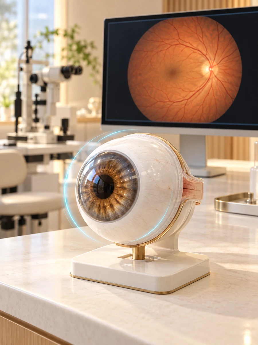 Ilustrasi konseptual model mata dan citra retina di ruang pemeriksaan mata bernuansa gading.