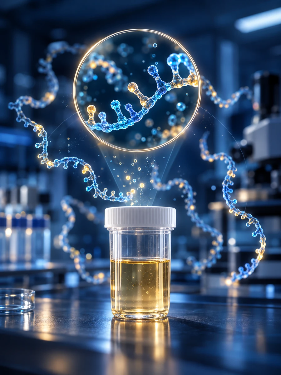 Ilustrasi konseptual wadah sampel urine dan visualisasi RNA untai tunggal dalam suasana laboratorium biru.