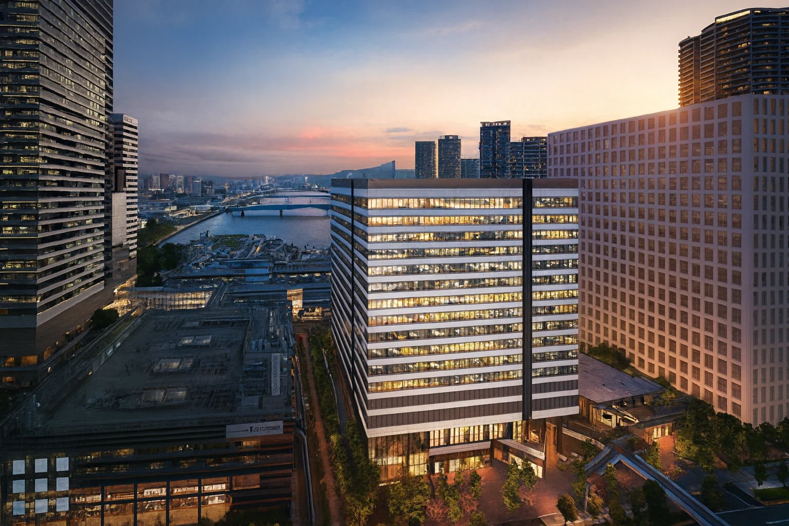 Gedung di Toyosu yang menjadi lokasi TIMC TOKYO dan pemandangan kota di sekitarnya saat senja.