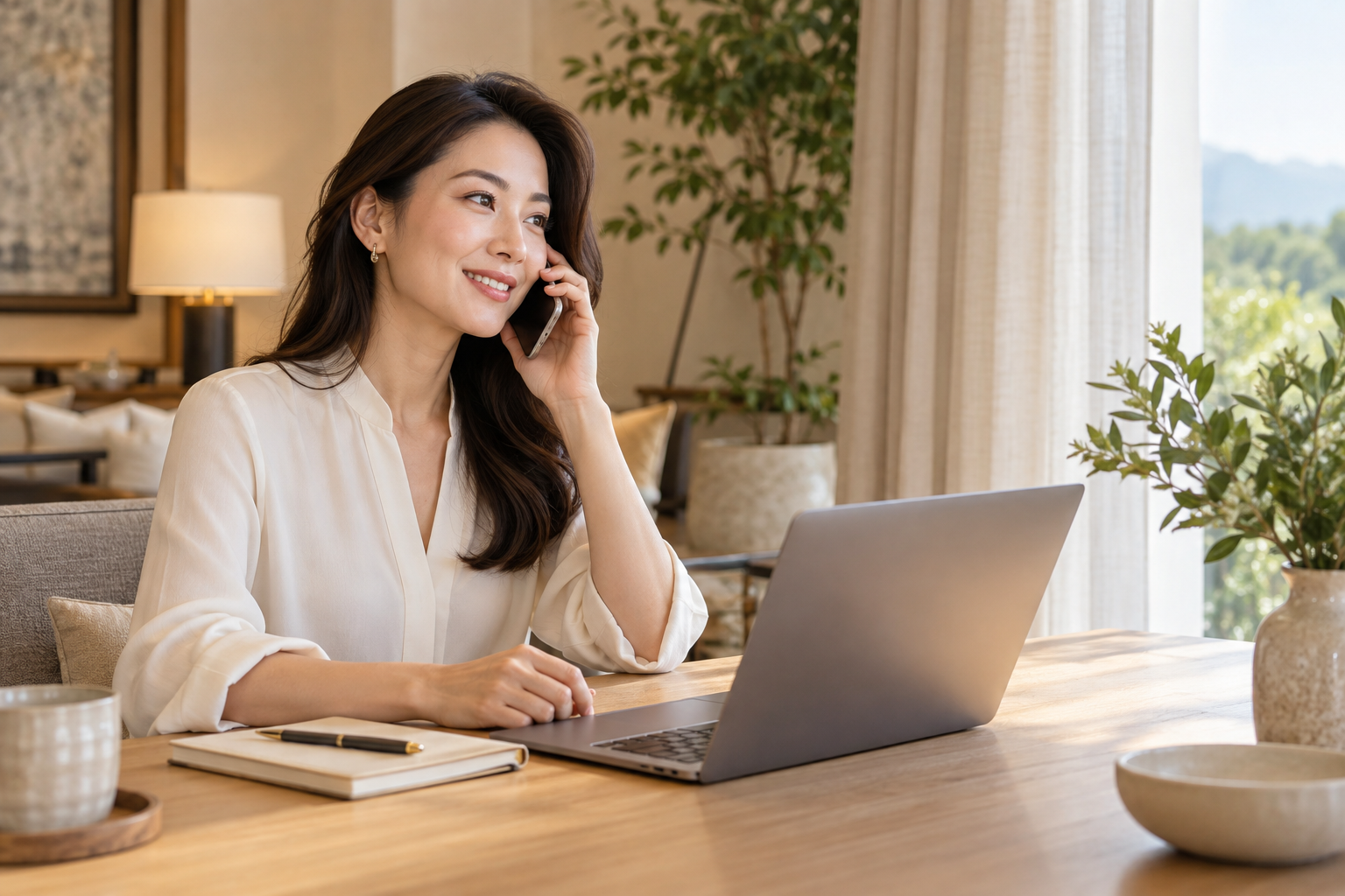 Seorang perempuan menghubungi tim CyberGene melalui telepon di samping laptopnya, adegan ilustratif