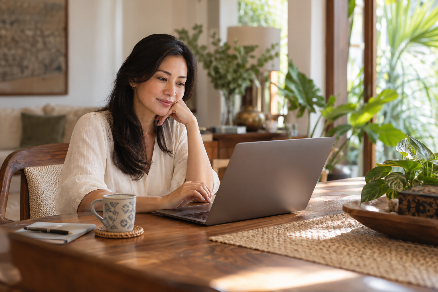 Seorang wanita di rumah menjelajahi pemeriksaan kesehatan di Jepang melalui laptopnya, adegan ilustratif
