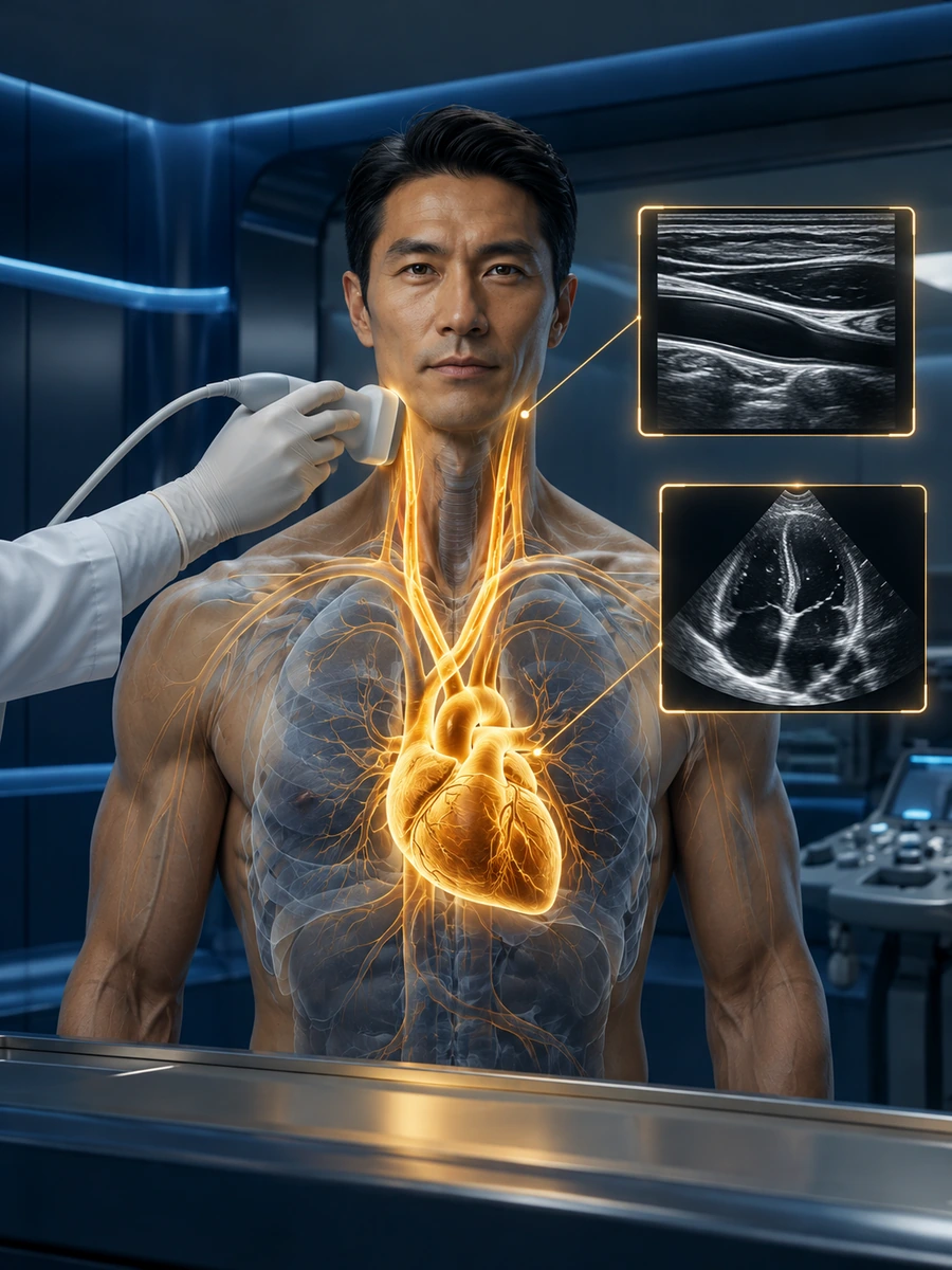 Ilustrasi konseptual ultrasonografi jantung dan karotis dengan transduser, anatomi yang ditonjolkan, dan tampilan ultrasonografi skala abu-abu.