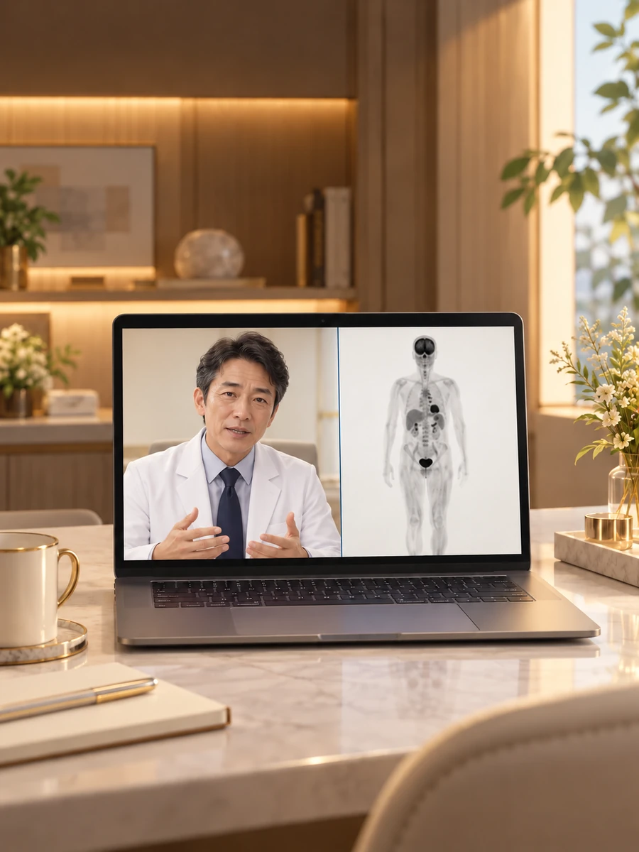 Gambaran konseptual konsultasi hasil pencitraan daring, menampilkan dokter fiktif yang tampak realistis dan gambar tubuh skala abu-abu pada laptop di ruangan bernuansa hangat.