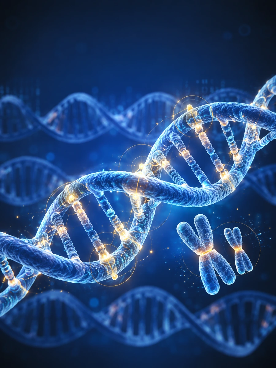 Ilustrasi konseptual analisis risiko genom menyeluruh dengan heliks DNA biru dan kromosom beraksen emas.