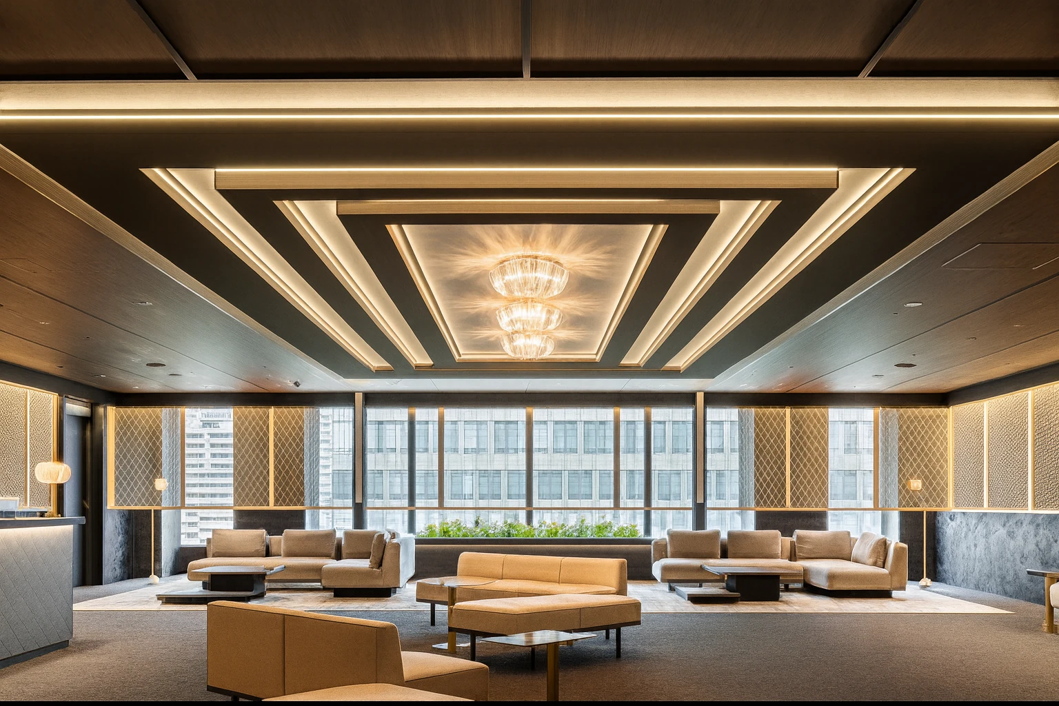 Lounge luas dengan panel langit-langit kayu geometris dan sofa di samping jendela besar.