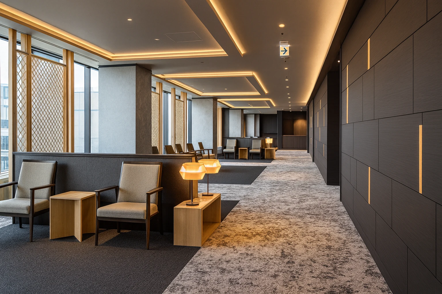 Koridor lounge dengan pencahayaan hangat, tempat duduk privat, dan jendela besar.